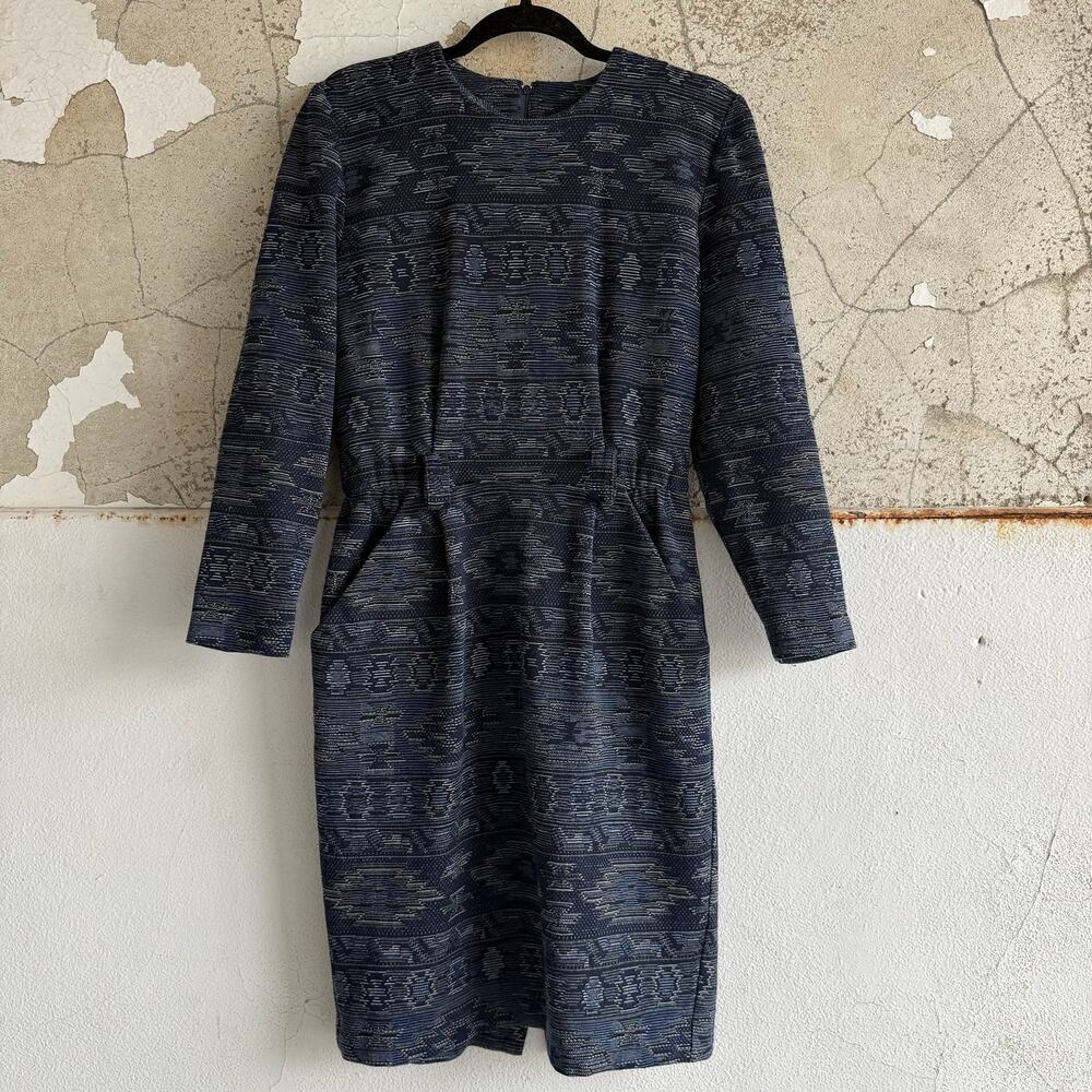 Vintage Aztec Print Knit Long Sleeve Dress Midi Pockets USA